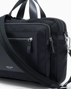 Aktentasche aus Nylon und vollnarbigem Leder Schwarz