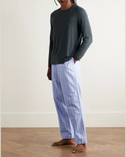 Arran 20 Straight-Leg Striped Herringbone Brushed-Cotton Pyjama Trousers Blue