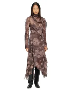 Asymmetrisches Midikleid aus Chiffon und Seiden-Crêpe - Kleider - Damen - Braun