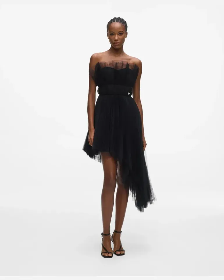 Asymmetrisches Tüllkleid, Damen, Schwarz, Größe