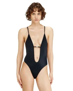 Badeanzug aus Nylon mit tiefem Ausschnitt - Badeanzüge - Damen - Schwarz