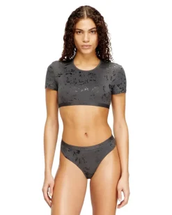 Bauchfreies T-Shirt mit Metallic-Effekt - Oberteile - Damen - Grau