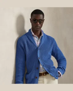 Baumwollstrickjacke mit Schalkragen Blue