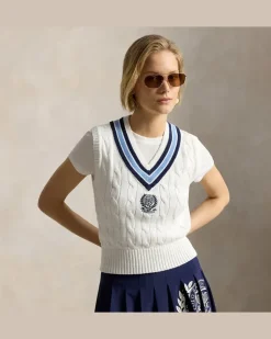 Baumwollweste Wimbledon mit Zopfmuster Cream