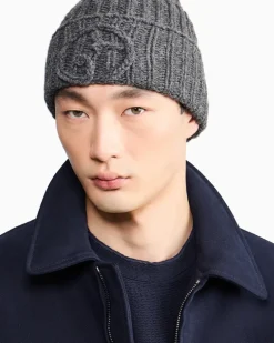 Beanie aus Kamelwolle im Rippstrick mit Umschlag Grau