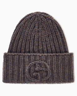 Beanie aus Kamelwolle im Rippstrick mit Umschlag Beige