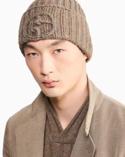 Beanie aus Kamelwolle im Rippstrick mit Umschlag Beige