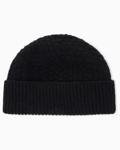 Beanie aus Kaschmir im Kästchenmuster mit Rippumschlag Schwarz