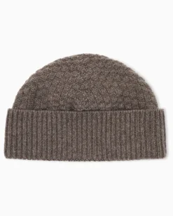 Beanie aus Kaschmir im Kästchenmuster mit Rippumschlag Braun