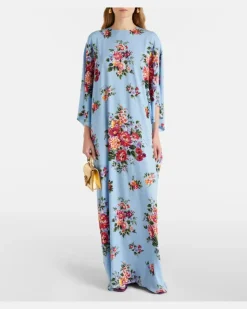 Bedruckter Kaftan aus einem Seidengemisch Blau