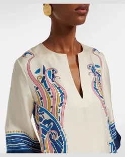Bedruckter Kaftan aus Seidensatin Weiß
