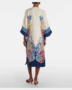 Bedruckter Kaftan aus Seidensatin Weiß