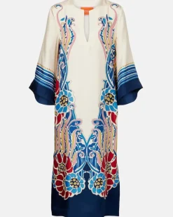Bedruckter Kaftan aus Seidensatin Weiß