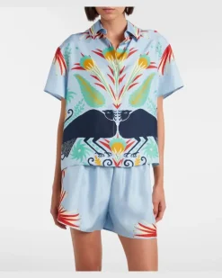 Bedruckter Pyjama aus Seide Blau