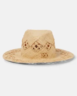 Bestickter Fedora-Hut aus Stroh Beige