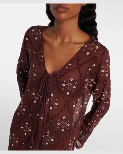 Bestickter Kaftan aus Baumwolle Burgunderrot