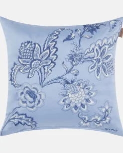 Besticktes Kissen Bloom aus Baumwolle Blau
