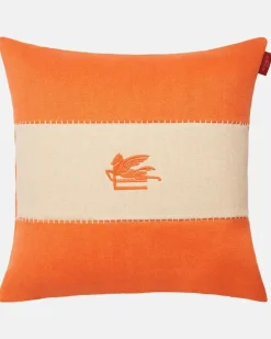 Besticktes Kissen Pegaso aus Leinen Orange