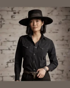 Besticktes Westernhemd aus Denim Black