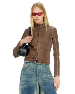 Bikerjacke mit Rippstrickeinsätzen - Oberteile - Damen - Braun