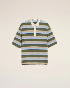 Blau gestreiftes Baumwoll-Polohemd mit Ami Aufnäher Unisex