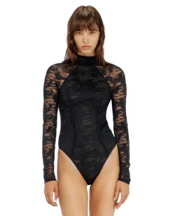 Body aus Nylonspitze mit offenem Rücken - Bodys - Damen - Schwarz