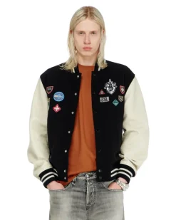 Bomberjacke aus Wolle und Leder mit Patches - Lederjacken - Herren - Bunt