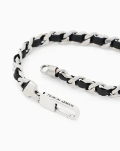 Bracelet geflochtenes Lederarmband mit Silbergliedern Schwarz