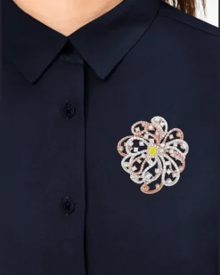 Brosche mit Diamanten und Blumenmotiv - Silber