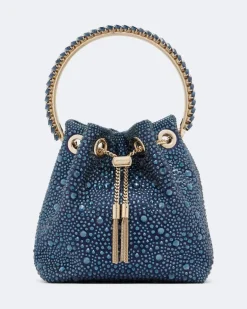 Bucket Bag Bon Bon aus Satin mit Kristallen Blau