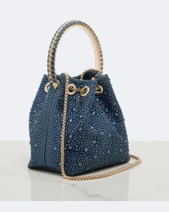 Bucket Bag Bon Bon aus Satin mit Kristallen Blau