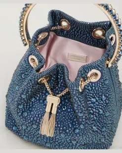 Bucket Bag Bon Bon aus Satin mit Kristallen Blau