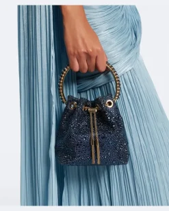 Bucket Bag Bon Bon aus Satin mit Kristallen Blau