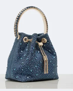 Bucket Bag Bon Bon aus Satin mit Kristallen Blau