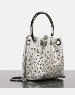 Bucket Bag Bon Bon Micro aus Satin mit Kristallen Silber