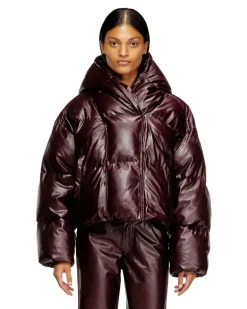 Burgunderrote Pufferjacke mit Kapuze aus beschichtetem Stoff - Winterjacken - Damen -