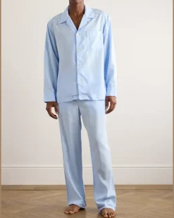 Camp-Collar Lyocell Pyjama Shirt Blue
