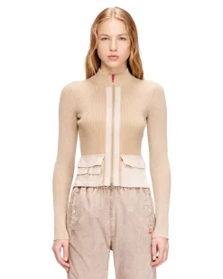 Cardigan mit Reißverschluss und Cargotaschen aus Denim - Strickwaren - Damen - Beige