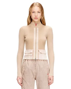 Cardigan mit Reißverschluss und Cargotaschen aus Denim - Strickwaren - Damen - Beige