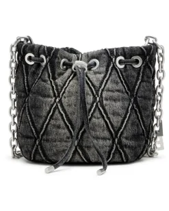 Charm-D S-Mini-Beuteltasche aus behandeltem, gestepptem Denim - Schultertaschen - Damen - Schwarz