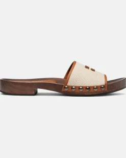 Clogs aus Canvas mit Leder Beige