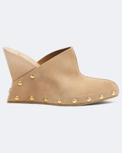 Clogs mit Keilabsatz aus Veloursleder Beige