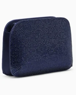 Clutch aus Viskose und Seide mit Strass und Kettenriemen Blau