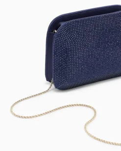 Clutch aus Viskose und Seide mit Strass und Kettenriemen Blau