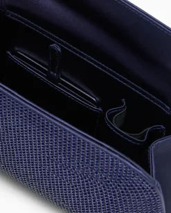 Clutch aus Viskose und Seide mit Strass und Kettenriemen Blau