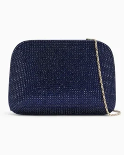 Clutch aus Viskose und Seide mit Strass und Kettenriemen Blau