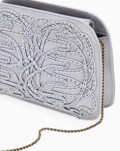 Clutch La Prima aus Satin mit Stickerei und Strassbesatz Silber