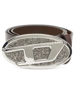 4 cm breiter Gürtel aus Leder mit Strass-Oval D-Schnalle - Gürtel - Damen - Braun