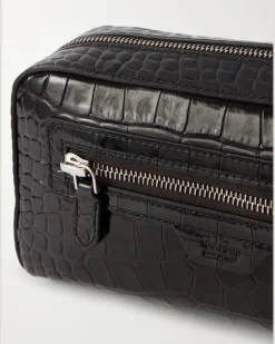 Croc-Effect Leather Wash Bag Brown