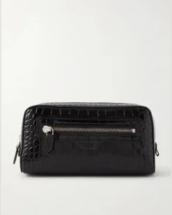 Croc-Effect Leather Wash Bag Brown